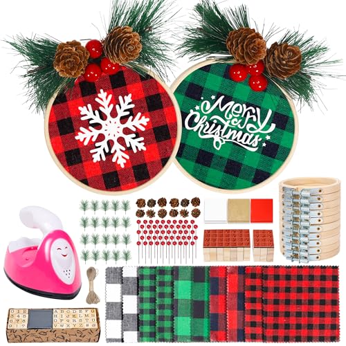 Caydo 111 Pieces Christmas Ornament Making Kit Including 3 Inch Embroidery Hoops, 5 Inch Squares Plaid Fabric and Pink Mini Heat Press for DIY Christmas Decoration - style: 111PCS