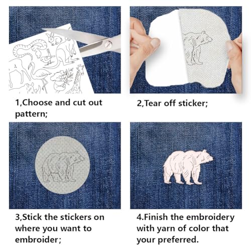 BENECREAT 4 Sheets 42Pcs Zoo Animals Water Soluble Embroidery Patterns, Land and Ocean Animals Hand Sewing Stabilizers Stick and Stitch Embroidery Paper for Shirts, Coats, Bags, Towels - style: Zoo Animals