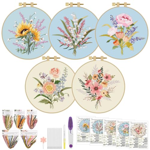 ERKOON Embroidery Kit for Beginners, 5 Sets Flower Cross Stitch Set for Adults Include Embroidery Cloth Hoops Threads for Craft Lover Hand Stitch with Skill Techniques (Bouquet) - color: Bouquet
