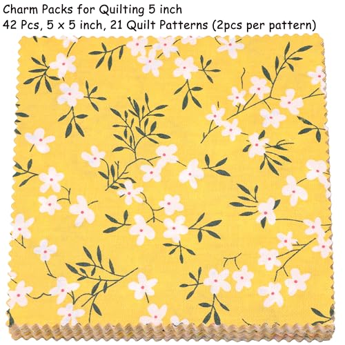 Nodsaw Charm Packs for Quilting 5 inch, Pre-Cuts Cotton Fabric Squares 5x5, 42 5-inch Charm Squares - for Quilting, Sewing, and Crafts, Yellow Series - color: Yellow