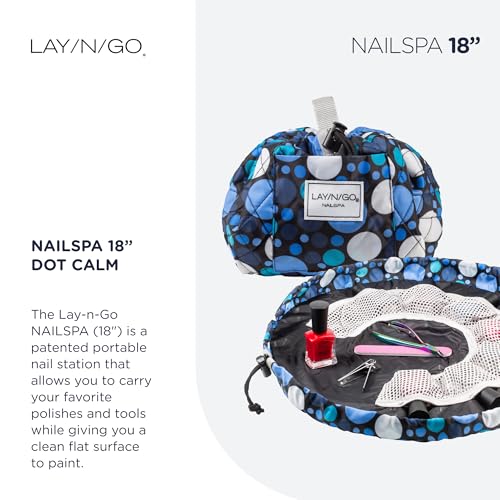 Lay-n-Go NailSpa Drawstring Cosmetic Bag - Portable Nail Supplies Organizer Bag w/ 8 Elastic Mesh Pockets & Circular Center - Durable, Machine Washable Nail Kit Organizer (18", Blue Polka Dot) - color: Dot Calm (Blue)