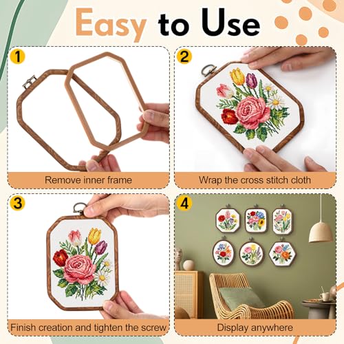 Qunclay 6 Pcs Large Embroidery Hoop Frame Decorative Imitated Wood Display Frame Circle Oval Octagonal Cross Stitch Hoop Ring for DIY Sewing Craft and Hanging Ornaments Decor (Original) - style: Original