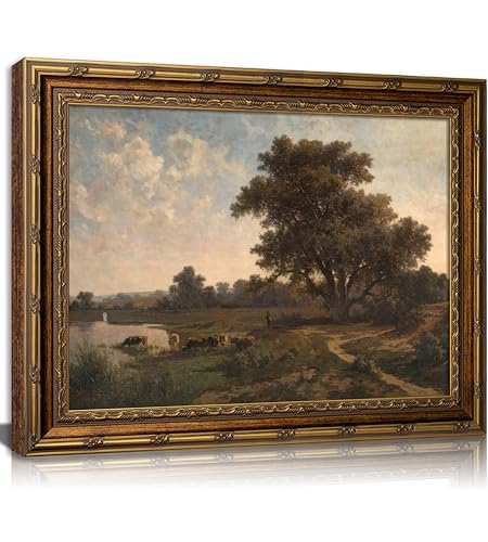 Vintage Gold Framed Landscape Wll ArtRetro Rustic Countryside Wall Decor Classic Rural River Scene Painting Picture Ldyllic Pastoral Scenic Nature Canvas Artwork for Living Room Bedroom Home Decor - color: Riverside scenery, size: 16"L x 12"W