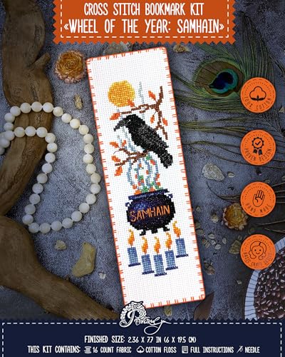 Povitrulya Cross Stitch Bookmark Kit Wheel of the Year: Samhain – Counted DIY Embroidery Set for Adults & Beginners, Witchy Pagan Wiccan Celtic Norse Needlework Gift - color: Samhain