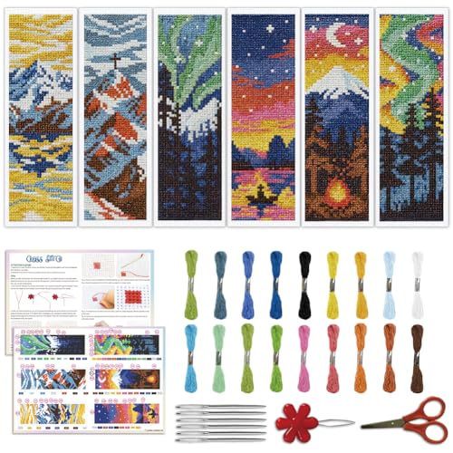ACRNIGHEET 6PCS Cross Stitch Bookmark Kit for Beginner Stamped Cross Stitch Kits for Adults Nordic Landscapes DIY Embroidery Bookmark Kits Needlepoint Kit with Instructions Craft Gift 8.5''x3'' 11CT - style: Landscape Patterns 3