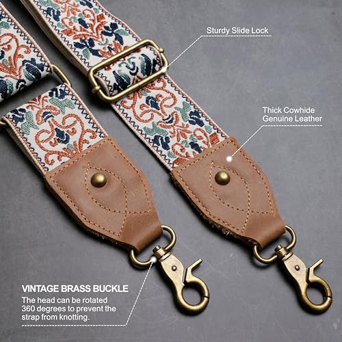Nefelibata Banjo Strap,2"Wide Double Crazy Horse Leather Jacquard Embroidery Strap Adjustable Replacement,Multi-pattern Strap With Metal Clips - color: A#-brown Blue Jacquard