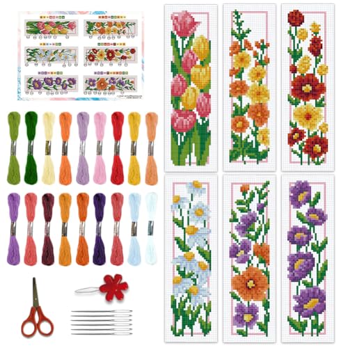 BEUNITONE 6 Set Floral Bookmark Cross Stitch Kits for Beginners with Instructions Floral Bookmarks Cross-Stitch Kit Stamped Embroidery Bookmark DIY Crafts Book Marker for Book Lovers 8''x2.4'' 11CT - style: Flower Cluster A
