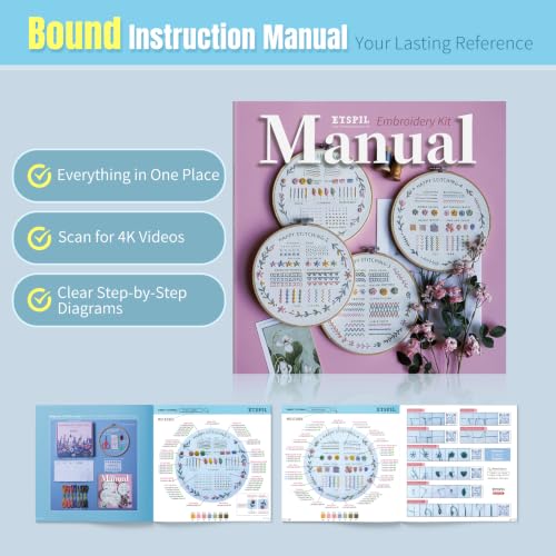 ETSPIL Beginner Embroidery Kit, 4K Video, 4 Floral Patterns, Gift Box - color: wreath 4