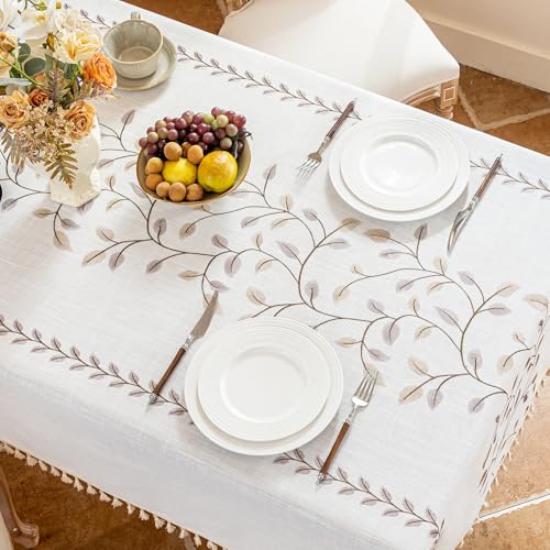 Alsoo Tablecloth Rectangle 55" x 120", Farmhouse Linen Style Table Cloth, Brown Leaf Embroidery & Tassels, Heavy Weight Rustic Wrinkle & Spill Resistant Table Cover for Dining Kitchen - color: Brown Leaf, size: 120" x 55" (Rectangular)