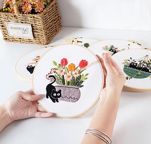 GLTAYLMY 3pcs Embroidery Kit for Beginners DIY Adult Beginner Embroidery Kits with Cat Pattern 1 Embroidery Hoops Needles Threads and Instructions - color: Cat