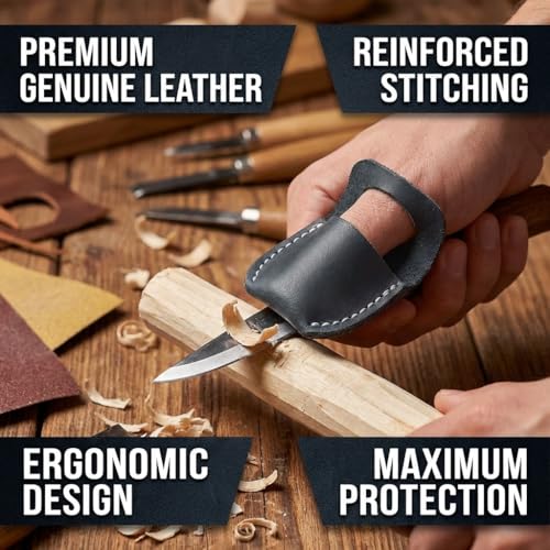 Toprank Leather Thumb Guard for Wood Carving - Premium Full Grain Leather Finger Protector, Handmade Carpenter Carving Kit Accessory (Black) - color: Black