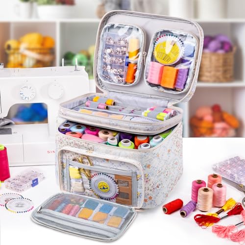 AMOIGEE Large Sewing Basket with 2 Detachable Pouches & Removable Dividers - color: Flower Patchwork