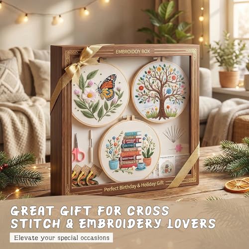 AZY 3-Piece Embroidery Kit for Beginners – Needlepoint Set with Pre-Printed Floral Patterns, Adjustable Hoop, Thread, Needles & Instructions for Cross Stitch Lovers (Embroidered Three-piece Set) - style: Embroidered three-piece set