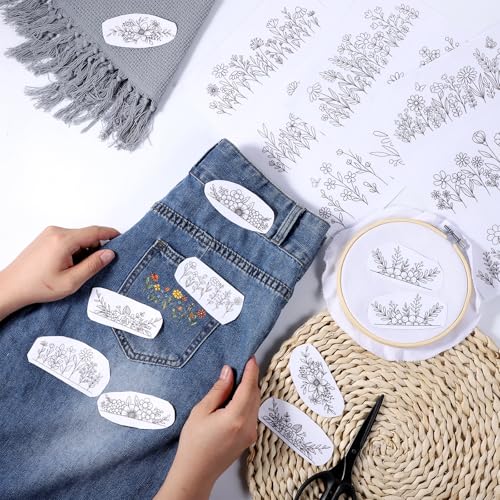 4 Sheets Water Soluble Stabilizer Embroidery Patterns Stick and Stitch Embroidery Flower Paper Floral Daisy Designs Wash Away Stabilizer Printable Draw Patterns for Hand Sewing Lover Beginners - style: A