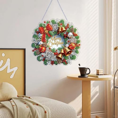Christmas Wreath Diamond Art Hanging Kit for Adults, DIY Diamonds Painting Door Hanger Board Kit, Special Acrylic Diamond Art Painting Pendant Ornament (Christmas Wreath) - color: Christmas Wreath