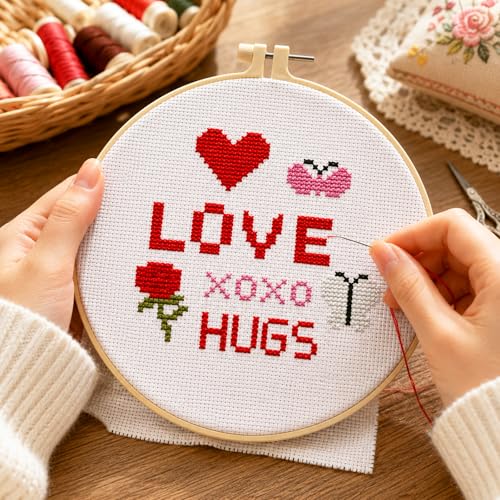 Zhenqing Love & Hugs Cross Stitch Kit for Beginners, 11CT Printed 20x20cm with 16cm Hoop, Heart Rose & Butterfly Embroidery Set(70839) - color: Love & Hugs
