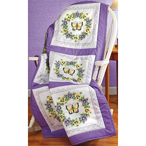 Janlynn Stamped Cross Stitch Quilt Blocks 18"X18" 6/Pkg - Pansy Wreath