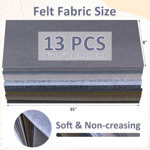 XSEINO 13 Rolls 8"x35" 1.4mm Thick Soft Felt Fabric Sheet 13 Assorted Gray Series Colors Felt Pack Pastel Felt Sheets for DIY Craft Sewing Squares Nonwoven Patchwork - color: Grey Hues