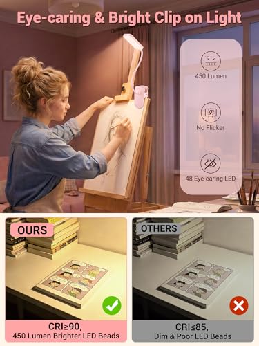 Pink Desk Lamp Cute Clip on Lamp,45 Modes Dimmable+450 Lumen Clip on Light - color: Pink