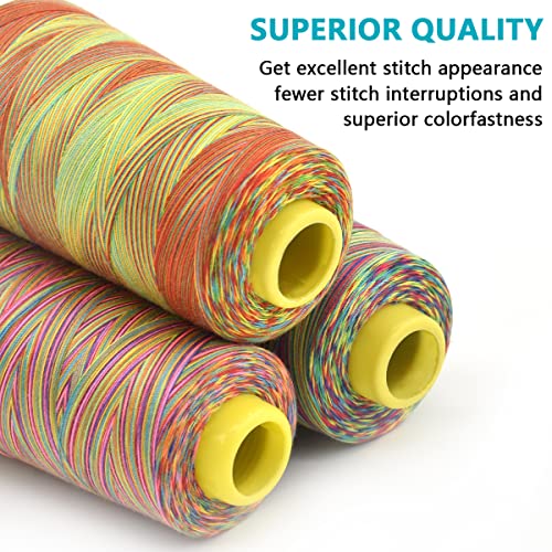 Rainbow Variegated Polyester Sewing Machine Thread - All-Purpose 3 Cones of 3000 Yards Each for Sewing, Quilting, Overlock, Embroidery & Hand Embroidery