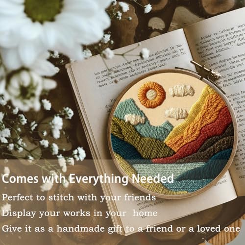 FONNUY Embroidery Kit for Beginners, Textured Vibrant Nature Landscape Pre-Stamped Pattern Kits for Adults with Hoop, Easy to Follow Color Thread Needlework, 8'' Hoop (Green 1) - color: Green 1