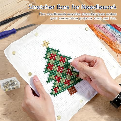 Soleeya 12 PCS Needlepoint Stretcher Bars, 8/12/16in Canvas Stretcher Bars for Needlework with 100 Tacks, Embroidery Wooden Accessories for Needlework with 6 Canvas/Hammer/Nail Puller for Crafts
