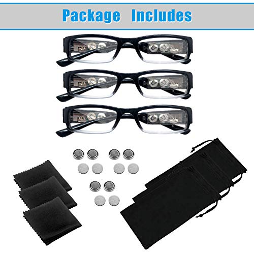 3 Pack Reading Glasses with Lights and Magnifier Reading Glasses with Lights in The Frame Bright Led Readers Magnifying Glass with Light for Men Women Led Readers Eyeglasses+2.0