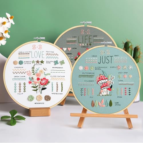 3 Sets Embroidery Kit for Beginners to Learn 36 Basic Embroidery Stitches Practice Kit,Hand Embroidery Cross Stitch Kits for Beginners with Embroidery Patterns, Hoop,Threads,Tools - color: Beginner Kit