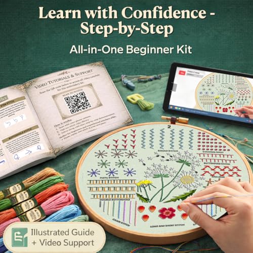 Embroidery Kit for Beginners Adults, 4 Pre-Printed Cloths, 41 Stitches - color: Beginners - Floral & Mushroom