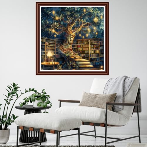 Dimensean Counted Cross Stitch Kit for Beginners, 11CT Unprinted Cross-Stitch Kit Easy Patterns Needlepoint Kit Cross Stitching Embroidery Kit Supplies-Life Tree Bookstore 18x18 inch - color: ColornNEW19