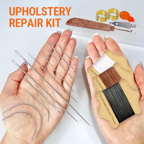 VONEEDL Upholstery Repair Kit: Waxed Sewing Thread (3 Colors) & Heavy Duty Needles (11 PCS) for Leather, Canvas & Quilting Thread - color: Black, White, Brown