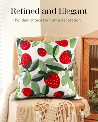 Embroidered Throw Pillow Cover, 18x18 Inch, Strawberry Leaves - color: Leaf Strawberry, size: 18" x 18" (Pack of 1)