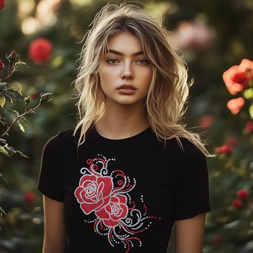 1 Pc Red Rose Pattern Rhinestone Iron on Hotfix Transfer Decal, Bling DIY Patch Clothing Repair Applique T-Shirt Vest Shoes Hat Jacket Decor Clothing DIY Accessories - style: Curled Flowers