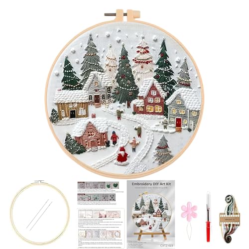 Huacan Embroidery Kits for Adults Beginner DIY Cross Stitch Stamped Christmas Tree Pattern Stitching Sewing Kit 1 Piece 7.8 x 7.8 Inch - color: Village