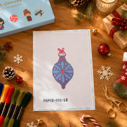 Howie's Needlepoint Festival Bauble Needlepoint Kits for Adults & Beginners, 18 Mesh Printed Needlepoint Canvas, Stamped Patterns Canvas Starter Kits(Blue Flower Bauble,4.5"X 2.5") - color: Blue Flower Bauble