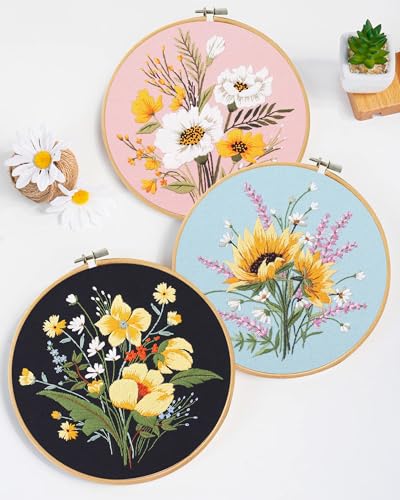 Santune 3 Pack Flower Embroidery Kit for Beginners Adults Cross Stitch Needlepoint Kits Hand Craft with Plant Patterns,3 Instructions,1 Hoop,Threads and 6 Needles - color: Tricolor Blooms