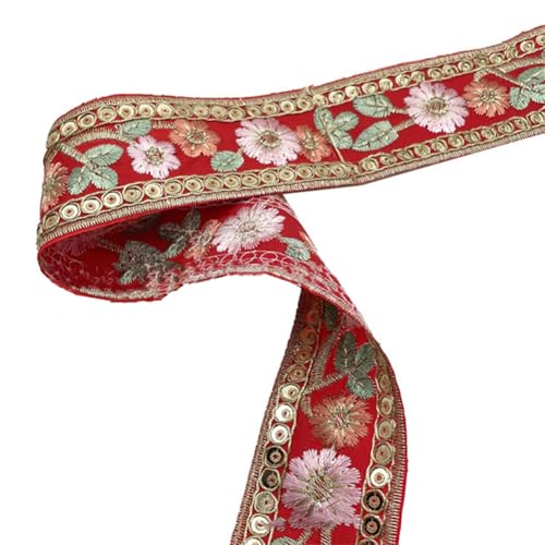 1.5 Inch Red Embroidered Woven Ribbon Trim Jacquard Ribbon 3D Flower Embroidery Tape Boho Floral Fabric Sewing Applique Ribbons for Sewing Making Craft Gift Diy Christmas Embellishment Decor - color: Red