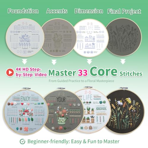 ETSPIL Embroidery Kit for Adults, 2 Hoops, 4K Slow-Mo, Pre-Printed Patterns - color: flower D4