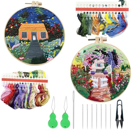 Allazone 2 Sets Embroidery Kit for Beginners, Stitch Practice Kits for Craft Lover Hand Stitch with Embroidery Fabric with Stamped Pattern, Starter Stitch Kits Suitable for Adults (Garden) - color: Garden