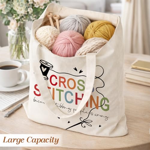 Cute Goose Crochet Canvas Tote Bag for Women - color: Cross Stitch