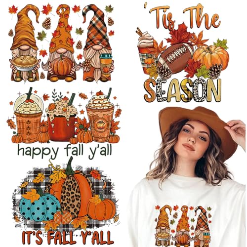 4 Sheets Fall Thanksgiving Iron On Transfers for T-Shirts, Heat Transfers Vinyl Harvest Pumpkin Maple Leaf Dwarf HTV Vinyl Iron on Decals for T-Shirt Clothes Pillow Hoodie DIY Crafts - color: D