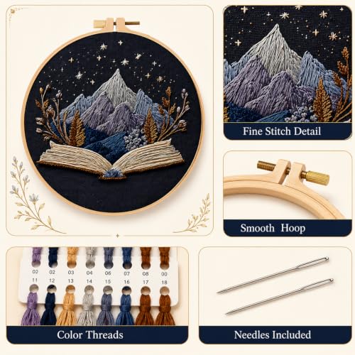 Qvthpv Embroidery Kit for Beginners, Stamped Mountain Book Night - color: Mountain Story Night
