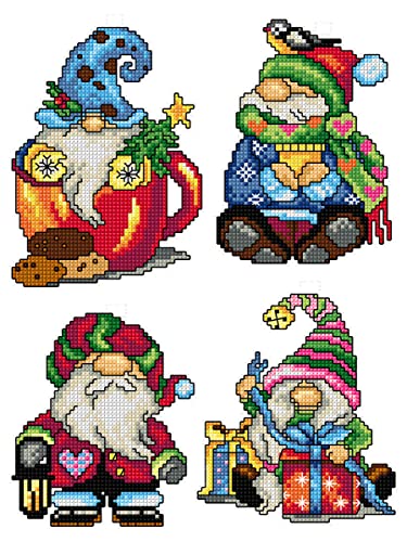 Counted Cross-Stitch Kit on Plastic Canvas with Christmas Gnomes. 4 Christmas Ornaments Same Dimensions 138CS. 14 Count Plastic Canvas Sheets 8.27x11.02 Inches. Perfect for Art & Needlework Amateurs - color: Gnomes