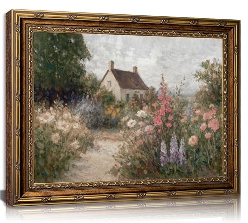 Gold Framed Farmhouse Cottage Canvas Wall Art Vintage French Country House Floral Landscape Paintings Pictures Wall Decor Posters Prints Artwork for Bedroom Office Gallery Home Decoration - color: Cottage, size: 11"L x 9"W