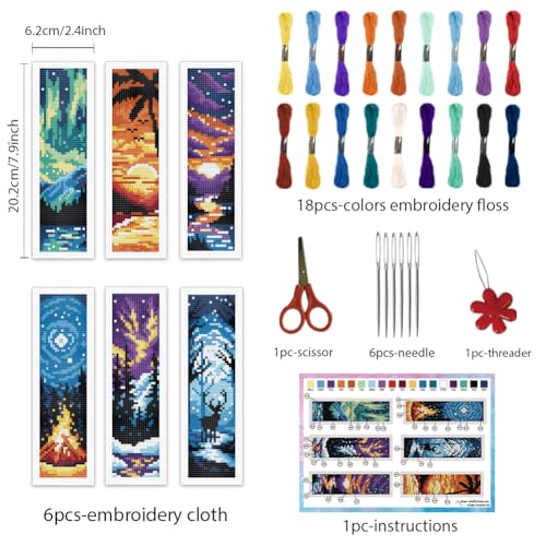 INFUNLY 6PCS Scenery Cross Stitch Bookmark Kit for Beginners 8.66"×3.15" Beach Stamped Embroidery Bookmark Kit Mountain Needlepoint Bookmark Kit with Instruction for Book Lovers Reader Writers - style: Fantasy Scenery