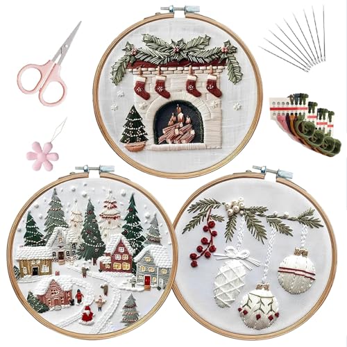 EOBTAIN 3 Pcs Christmas Embroidery Kit for Beginners,Winter Christmas Village Embroidery Starter Kit Green Xmas Tree Fireplace Stamped Patterns with Hoop,Thread,Needles,Hand DIY Craft Kits for Adults - color: White