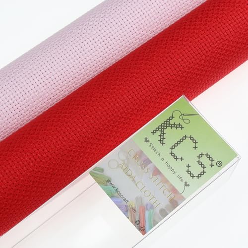 KCS 2 pc of 15" x 18"(38cmx45cm) Counted Cross Stitch Cotton Aida Cloth Needlework Fabric Box (Pink+Red, 14CT) - color: Pink+red, size: 14CT