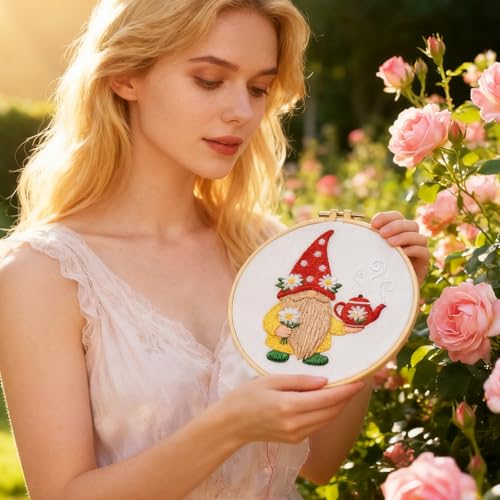 BEUNITONE 4 Set Gardener Gnome Embroidery Kit for Adult Beginners with Hoop - style: D-Dwarf
