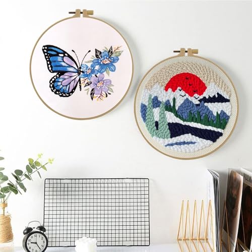 Esffaci Punch Needle Kit for Adults Beginner Starter Punch Embroidery Kit with Red Sunrise Snow Mountain Tree Scenery Pattern DIY Punch Stitch Supplies with Stamped Fabric Yarn Hoop Tool Instruction - color: Sunrise