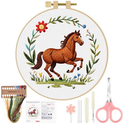 ERKOON Embroidery Kit for Beginners Adult, Cross Stitch Set Include Embroidery Cloth Hoop Threads for Craft Lover Hand Stitch with Embroidery Skill Techniques (Horse) - color: House